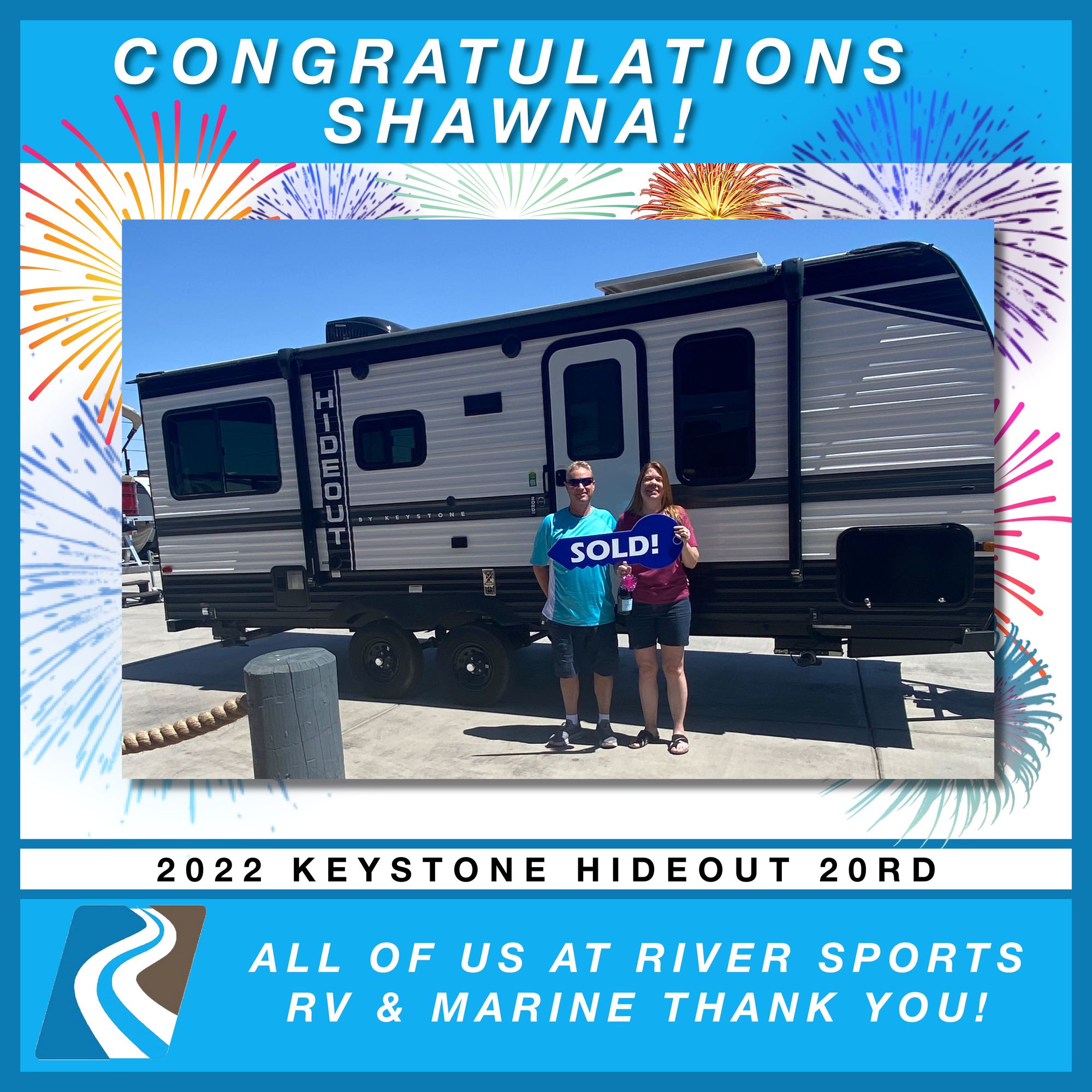 Shawna with her new Keystone Hideout 20RD from River Sports RV and Marine